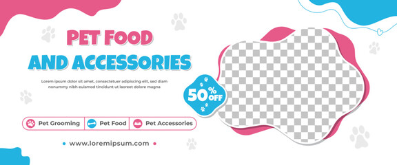 Wall Mural - Pet care and shop horizontal banner design template. White background with colorful shape