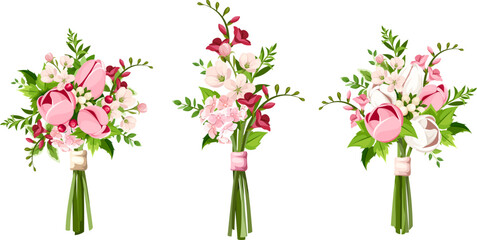 Wall Mural - Bouquets of pink and white tulip flowers, freesia flowers, and cherry blossoms isolated on a white background. Set of vector illustrations