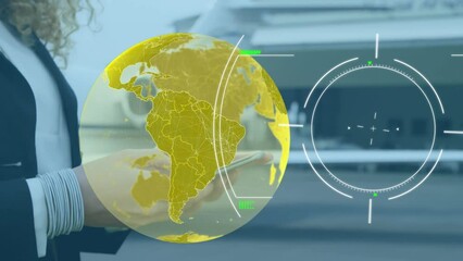 Poster - Animation of globe and data processing over caucasian businesswoman using smartphone