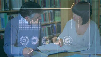 Poster - Animation of data processing over caucasian teacher and student with book