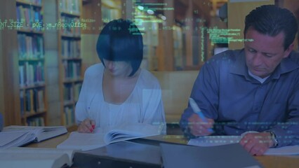 Poster - Animation of data processing over diverse mature male and female student working in library