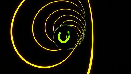 Poster - Black background. Design.The swirling lines of the yellow laser move forward in a bright neon illustration.