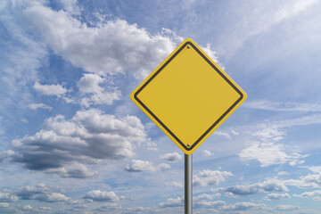 Blank diamond shaped yellow road sign on blue sky. Illustration as graphic element template