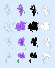 Large Set Of Pansies Flowers In Single Line, Doodle, Outline And Black Silhouette Style. Stock Vector Illustration On Blue Background.