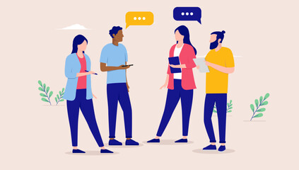 Fototapete - Team discussion - Group of business people discussing, talking and having a work meeting. Flat design vector illustration