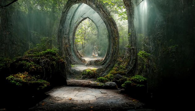 Fantasy magic portal. Portal in the elven forest to another world. Digital art. Illustration. Painting. Hyper-realistic. 3D illustration