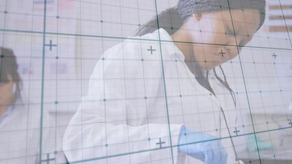 Poster - Animation of digital screen over african american female lab worker with sample