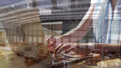 Poster - Animation of hands of caucasian woman using laptop over warehouse