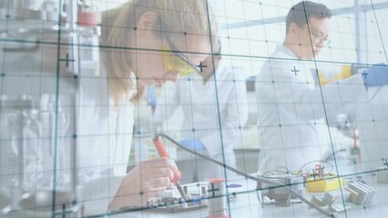 Poster - Animation of digital screen over diverse female and male lab workers with samples