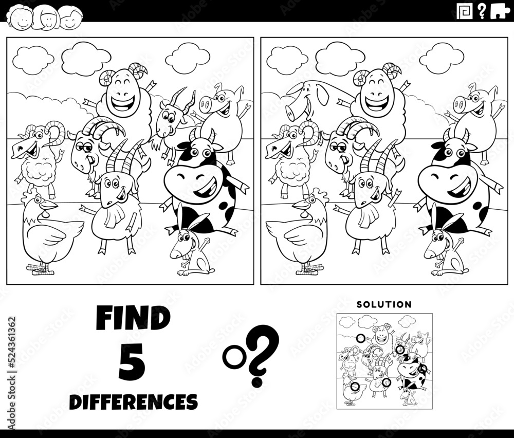 differences game with cartoon farm animals coloring page Stock Vector ...