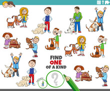 One Of A Kind Task With Cartoon Children And Their Dogs