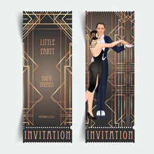 Art Deco Vintage Invitation Template Design With Illustration Of Flapper Girl. Patterns And Frames. Retro Party Background Set 1920s Style. Vector For Glamour Event, Thematic Wedding Or Jazz Party.