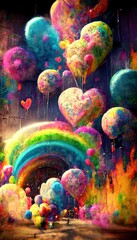 Abstract multicolor magical surrealism. Lots of colored paint, ink, fuzzy hearts, rainbows and multicolored smoke. Colorful wonderful unreality from dreams. Perfect for phone wallpaper or for posters.