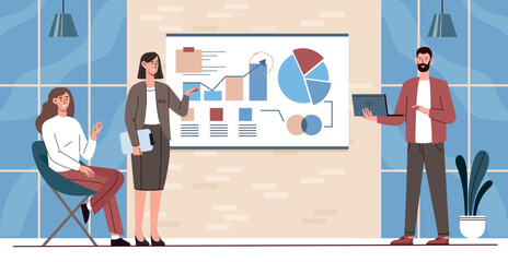 Poster - business meeting concept. man and women evaluate graphs and charts. analytical department conducts m