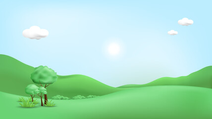 3d landscape mountain and hills illustration with 3d trees, cloud and sun. vector illustration.