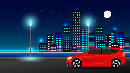 cityscape panoramic night time or city skyline or city horizon night flat style. city scape with sky scraper building blue light color  landscape vector illustration. 