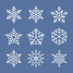 Wall Mural - Snowflakes vector icons collection. White vector elements on blue background. Best for seamless patterns, decoration,  and your design.