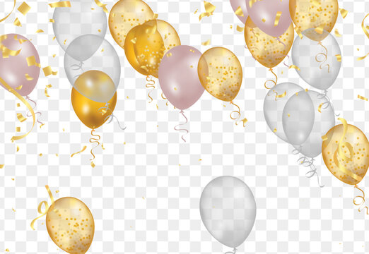 balloons with gold isolated on translucent background with reflection. 3D illustration of celebration, party balloons