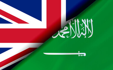 Flags of the Britain and Saudi Arabia divided diagonally