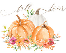Fall Lover In Taupe Script With White And Orange Pumpkins And Pink And Orange Flowers, PNG