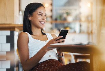 Aufkleber - Relaxing, texting a message or browsing social media on a phone by a young female student smile in a coffee shop. A happy woman thinking and searching the internet or chatting online at a cafe