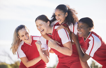 Soccer, football or team sports for cheering, celebrating or winning team after scoring goal in match, game or championship. Diverse group of fit, active and athletic girls, women or excited friends