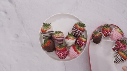 Wall Mural - Flat lay. Step by step. Placing chocolate dipped strawberries on a white cake stand.