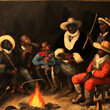 Strange painting of Santa Claus with friends sitting by a campfire at Christmas, singing songs