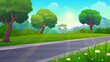 Asphalt Road in the green hill and lush trees, Panoramic Summer or Spring vector landscape