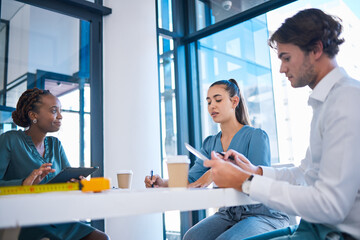 Poster - Architects, building engineers or designers with tablet talking, meeting or planning architecture design. Group diversity, boardroom team and property professionals with real estate innovation vision