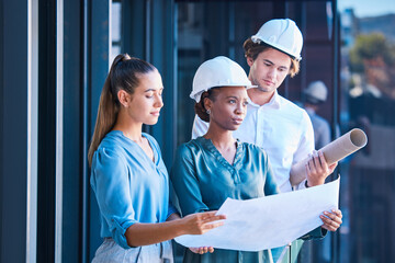 Poster - Engineer, architect or designer team looking at blueprint, design layout paper for construction building outside. Diverse city planner or business people with architecture development or floor plan