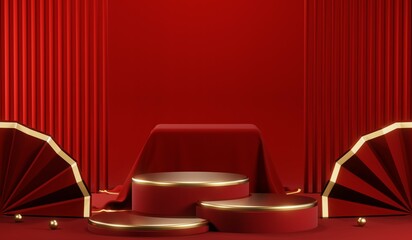Poster - 3d rendering of blank product background for cream cosmetics modern red podium background