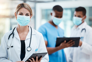 Poster - Doctor in covid hospital browsing on tablet for test result, patient records and medical research. Portrait of healthcare professional, phd expert and woman working on treatment cure for flu pandemic