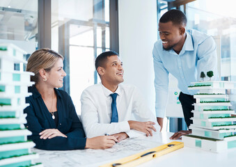 Poster - Architecture, interior and architect engineers with blueprint model and a floor plan planning together. Happy building designers working in collaboration on engineering project in an office meeting