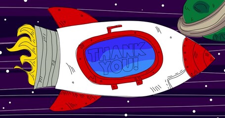 Poster - Rocket in Space with Thank You text on the window. Line Art Cartoon Animation.