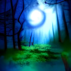 Wall Mural - Mysterious Magical Fantasy Fairy Tale Forest at Night in the Full Moon light artwork