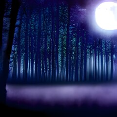 Wall Mural - Mysterious Magical Fantasy Fairy Tale Forest at Night in the Full Moon light artwork
