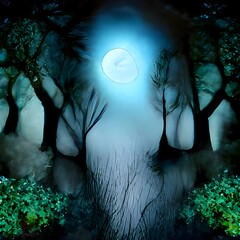 Wall Mural - Mysterious Magical Fantasy Fairy Tale Forest at Night in the Full Moon light artwork