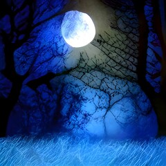 Wall Mural - Mysterious Magical Fantasy Fairy Tale Forest at Night in the Full Moon light artwork