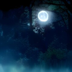 Wall Mural - Mysterious Magical Fantasy Fairy Tale Forest at Night in the Full Moon light artwork