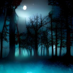 Wall Mural - Mysterious Magical Fantasy Fairy Tale Forest at Night in the Full Moon light 3D artwork