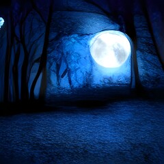 mysterious magical fantasy fairy tale forest at night in the full moon light 3d artwork