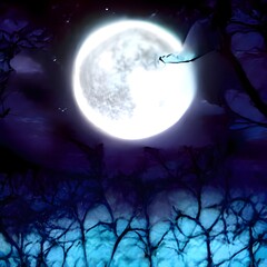 Wall Mural - Mysterious Magical Fantasy Fairy Tale Forest at Night in the Full Moon light 3D artwork