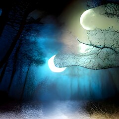 Wall Mural - Mysterious Magical Fantasy Fairy Tale Forest at Night in the Full Moon light 3D artwork