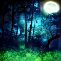 Wall Mural - Mysterious Magical Fantasy Fairy Tale Forest at Night in the Full Moon light 3D artwork