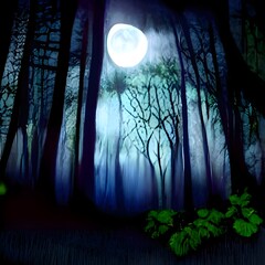 Wall Mural - full moon on a mystical forest lake at night