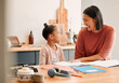 Home school, laughing, child and mother bonding after homeschool homework, school work and education test. Adorable, cute and small daughter learning and drawing with a parent or woman