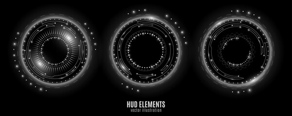 Poster - set of glowing white hud rounds for technology design. futuristic objects with light effect. virtual