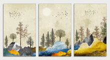 3d Illustration Wallpaper Landscape Art. Brown Trees With Golden Flowers And Turquoise, Black And Gray Mountains In The Light Yellow Background With White Clouds And Birds.
