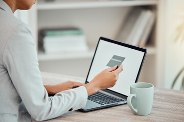 Poster - Business woman, finance advisor and accountant shopping online with blank laptop and credit card in an office. Closeup of trader paying, budget and spending money with banking transfer for ecommerce
